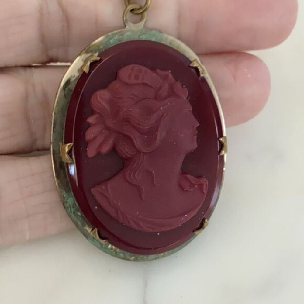 Vintage Red Molded Glass Cameo Golden Frame Patina Necklace Pendant